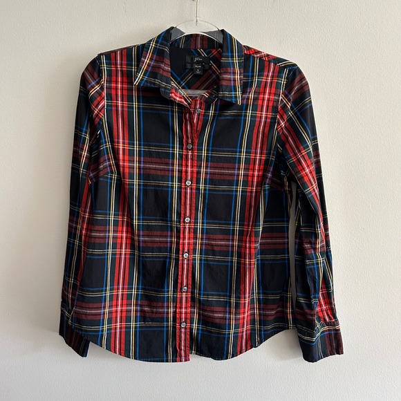 J.Crew Tops - J.Crew Button Down Shirt Black Red Plaid 8 Slim Fit Stretch K3726 Long Sleeve